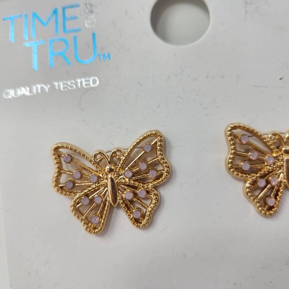 Time And Tru Butterfly Stud Earrings Gold-Tone & Pink Hypo-Allergenic - Picture 3 of 6
